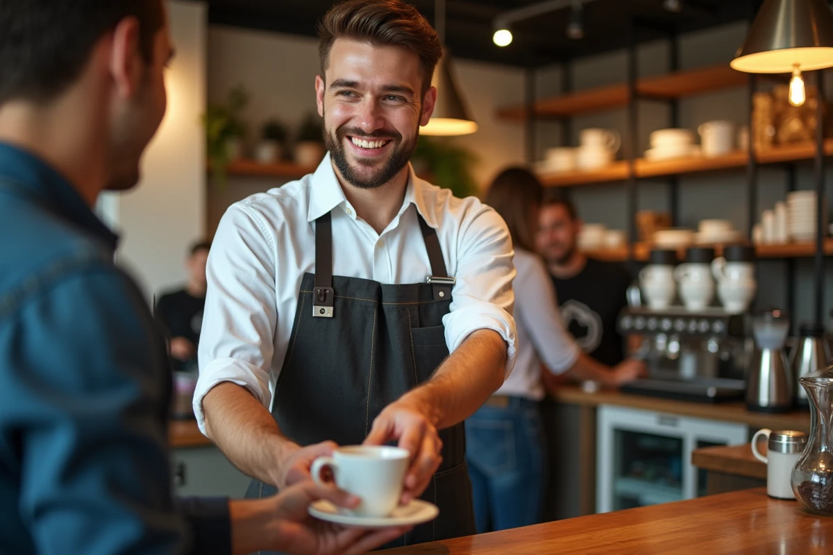 Jeune barista souriant sert un café dans un café animé