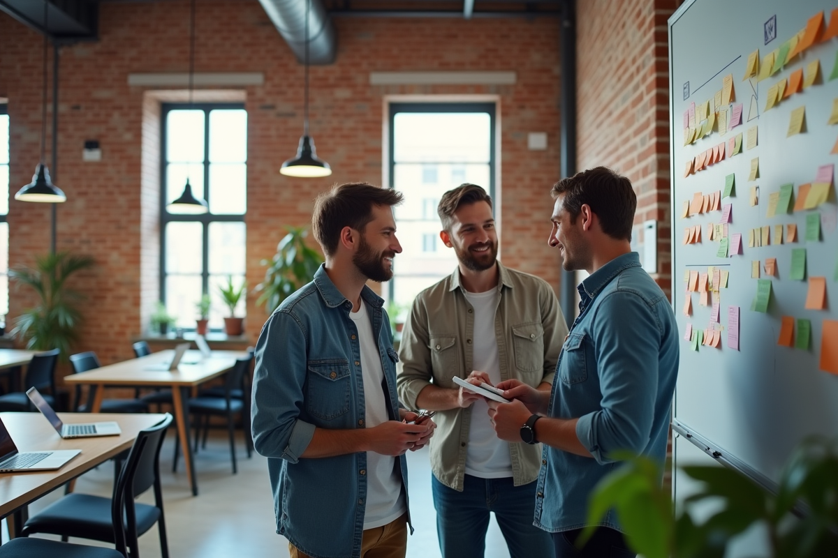 Jeune équipe créative en brainstorming dans un espace coworking