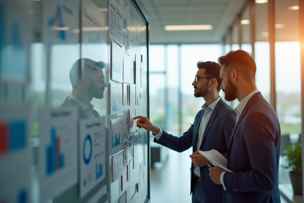 Employes examinant des graphiques et notes sur un tableau