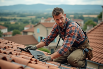 Charpentier couvreur au travail sur un toit rural en France