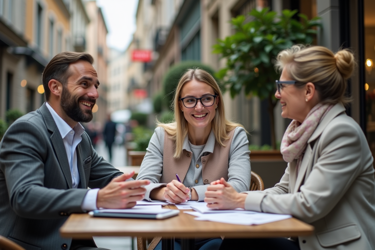 Groupe de professionnels discutant en extérieur
