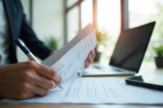 Main tenant des documents légaux sur un bureau moderne