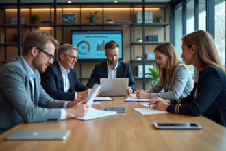 Groupe de professionnels en réunion dans un bureau moderne