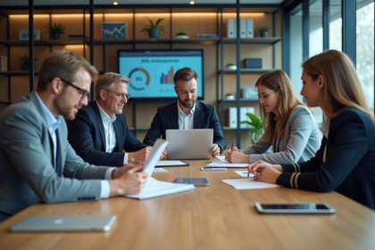 Groupe de professionnels en réunion dans un bureau moderne