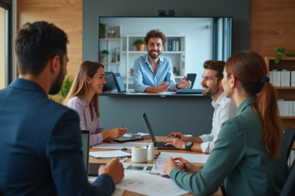 Groupe divers en visioconference dans un bureau moderne