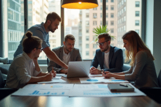 Petite equipe en bureau lumineux discute CRM