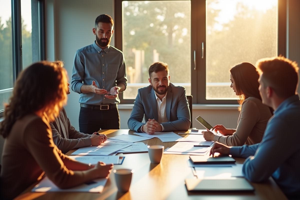 Groupe de collaborateurs discutant d un projet marketing