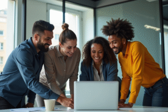 Groupe d'équipe diverse analysant des données marketing