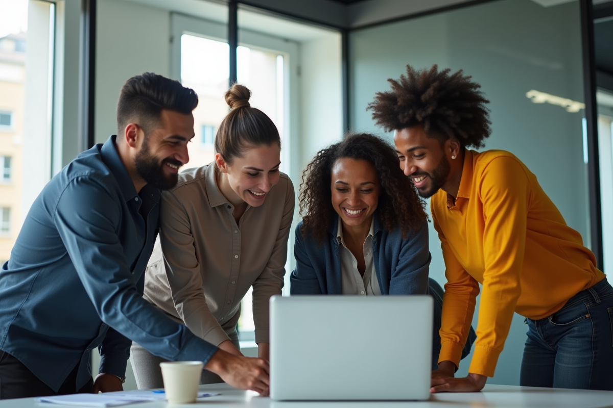 Groupe d'équipe diverse analysant des données marketing