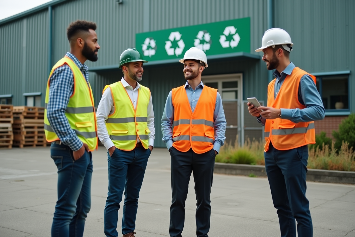 Groupe de travailleurs responsables devant une usine de recyclage