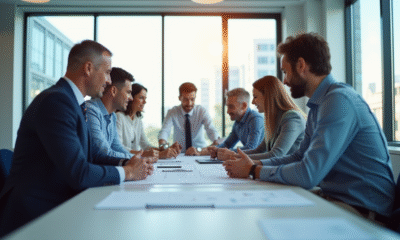Groupe de professionnels en sciences collaborant dans un bureau lumineux