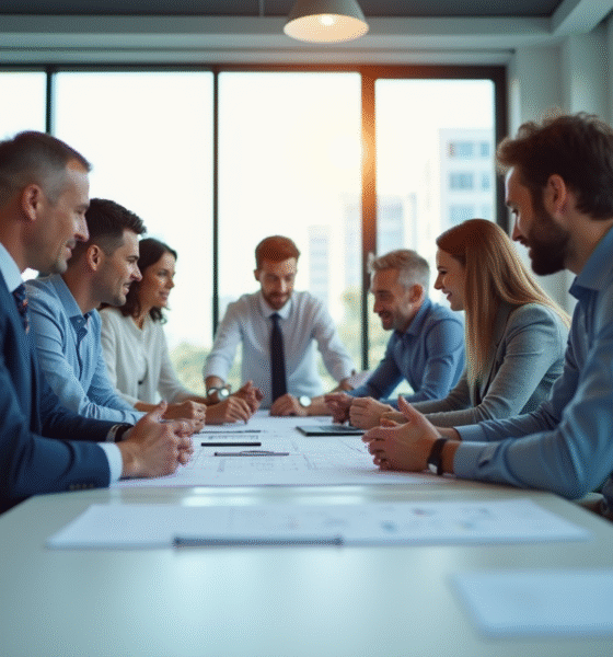 Groupe de professionnels en sciences collaborant dans un bureau lumineux