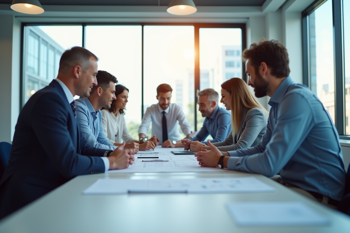 Groupe de professionnels en sciences collaborant dans un bureau lumineux