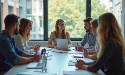 Groupe de professionnels en réunion dans un bureau lumineux