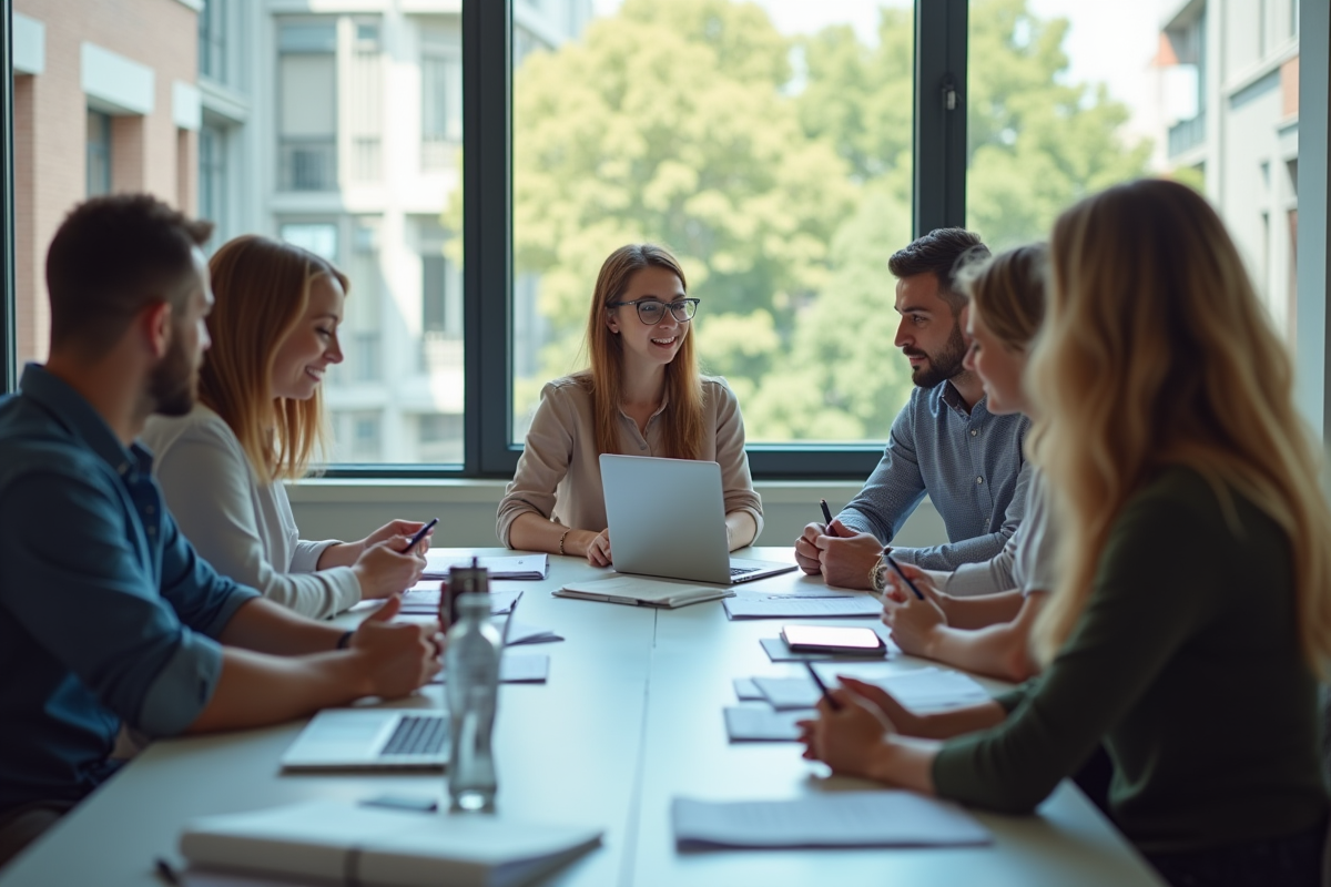 Groupe de professionnels en réunion dans un bureau lumineux