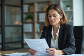 Femme d'affaires concernée lisant un avis d'absence au bureau