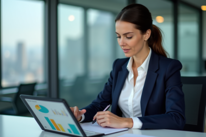 Femme d'affaires analysant des graphiques numériques modernes