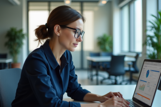 Femme d'affaires analysant un tableau de bord dans un bureau moderne