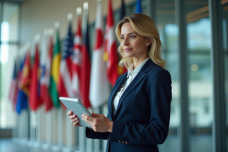 Femme d'affaires en costume bleu devant drapeaux internationaux