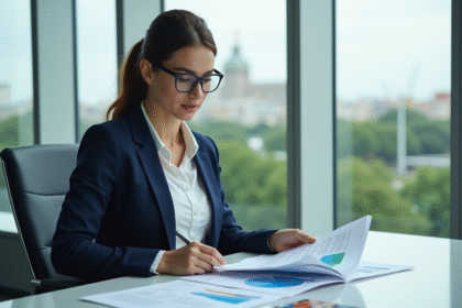 Femme d'affaires en costume bleu examinant des rapports durabilite