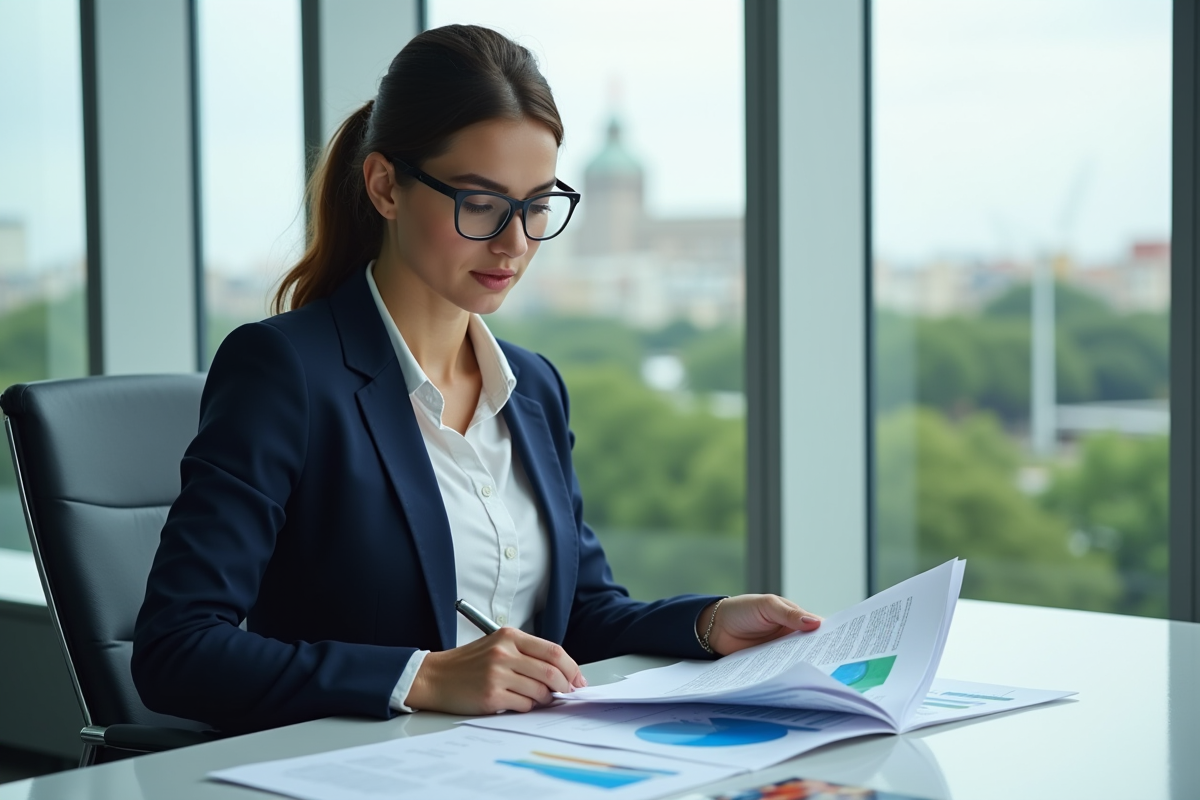 Femme d'affaires en costume bleu examinant des rapports durabilite