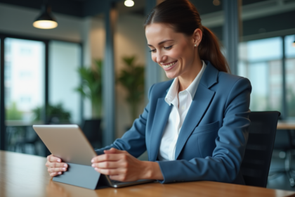 Femme d'affaires souriante avec tablette dans bureau moderne
