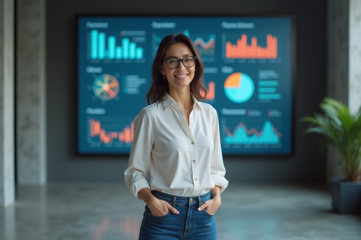Femme confiante devant un grand écran interactif