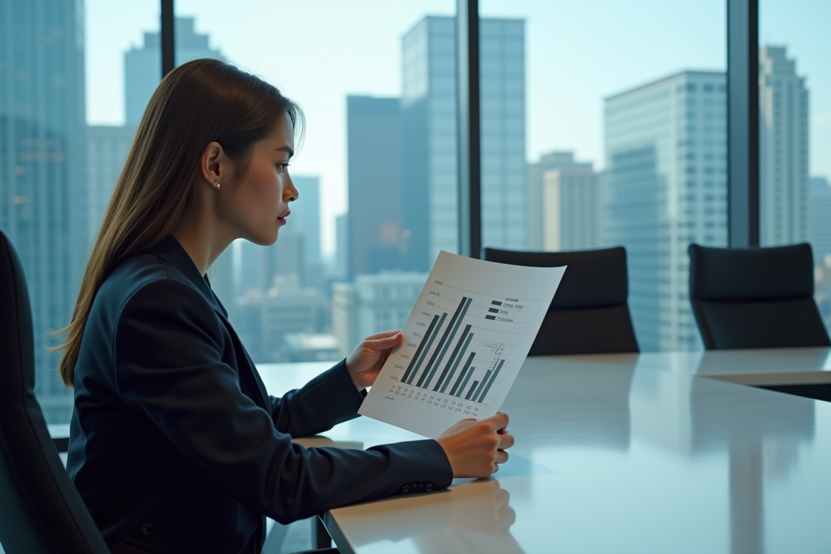 Jeune femme analysant un graphique de revenus publicitaires TV