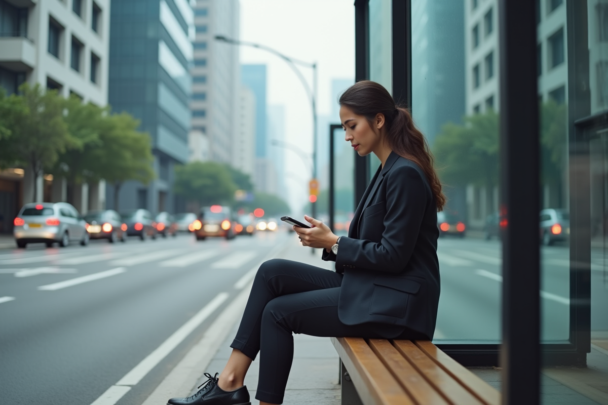 Jeune femme vérifiant son smartphone au bus