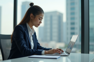 Femme concentrée travaillant sur un ordinateur portable en bureau moderne
