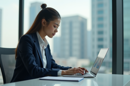 Femme concentrée travaillant sur un ordinateur portable en bureau moderne