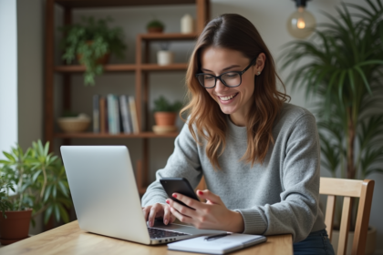 Femme concentrée utilisant ordinateur et smartphone à la maison
