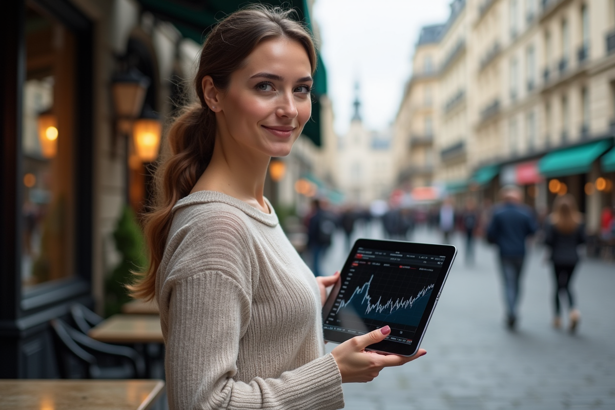 Jeune femme avec tablette dans un café parisien