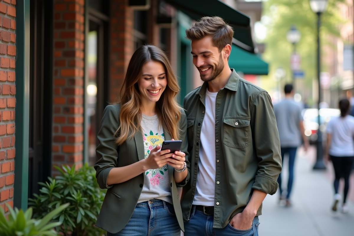 Jeune femme souriante partageant une idée avec un collègue en ville