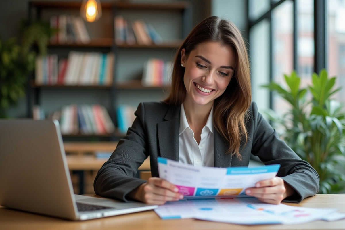 Femme souriante dans un espace coworking avec brochures et ordinateur