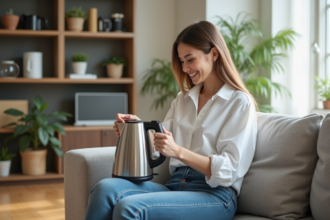 Jeune femme examine une bouilloire électrique moderne dans son salon