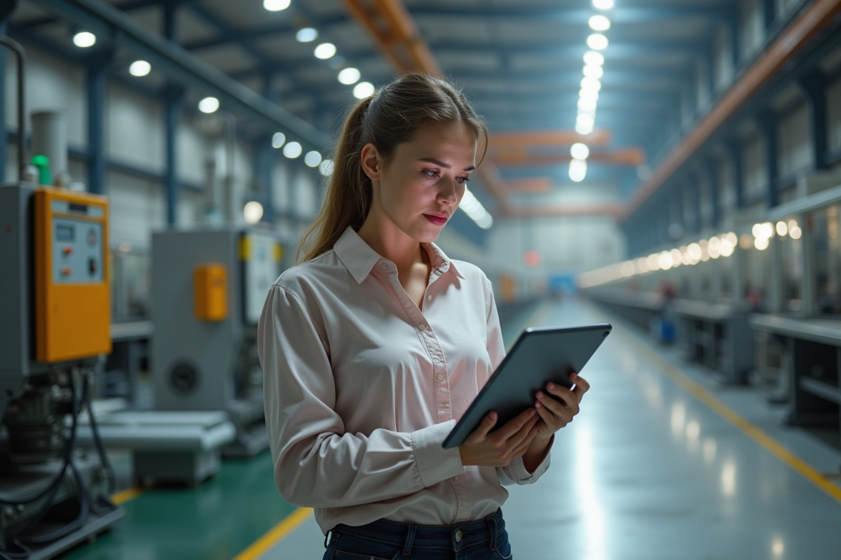 Jeune femme dans une usine européenne examine une tablette