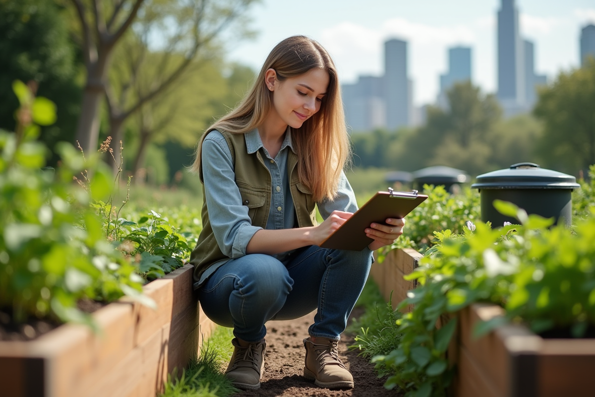 Jeune femme dans un jardin communautaire vérifiant une checklist écologique
