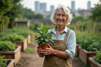 Femme souriante tenant un jeune arbre dans un jardin communautaire