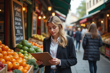 Jeune femme professionnelle examine un marché coloré