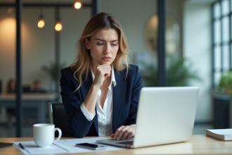 Femme professionnelle en bureau moderne et concentrée