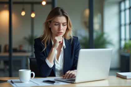 Femme professionnelle en bureau moderne et concentrée