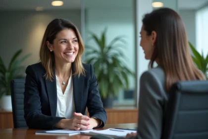 Femme professionnelle écoute un client dans un bureau moderne