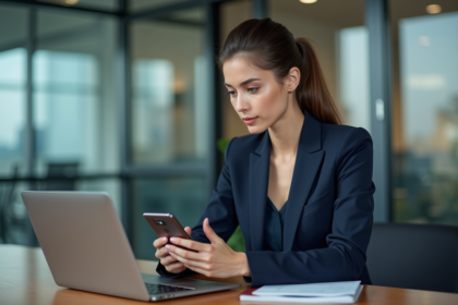 Jeune femme d'affaires en bureau moderne sécurisant son ordinateur