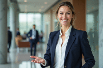 Femme confiante en blazer dans un lobby moderne