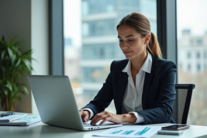 Jeune femme professionnelle analyse des données sur son ordinateur