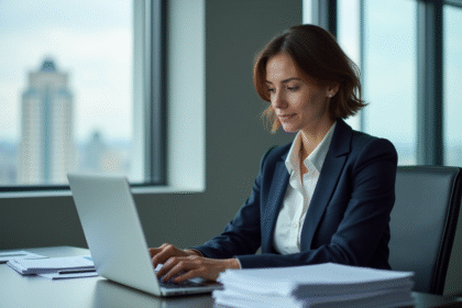 Femme d'affaires concentrée sur son ordinateur dans un bureau moderne