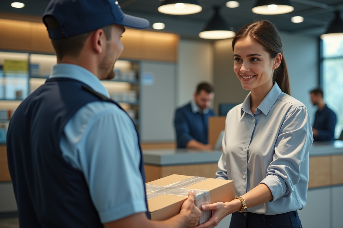 Femme remettant un colis scellé à un livreur dans un centre d
