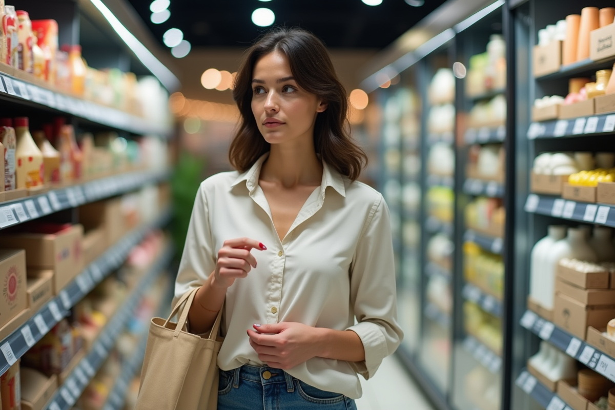 Jeune femme inspectant étiquettes produits en supermarche