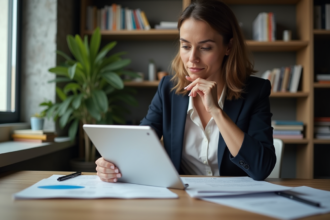 Femme examinant des documents de brevets au bureau
